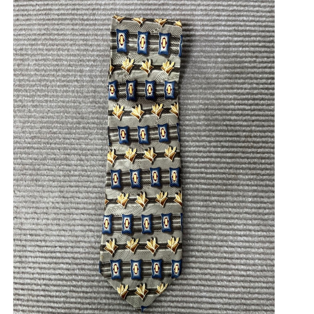 Robert Talbott Best of Class Silk Tie Blue Gold Taupe Geometric Foulard USA Made